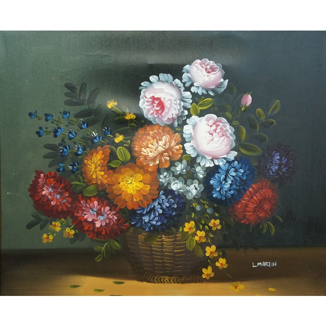 Late 20th Century L. Martin Floral Botanical Still Life Bouquet of Flowers Oil Painting on Canvas, Framed For Sale - Image 4 of 11