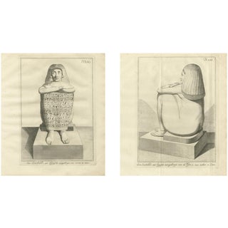 Egyptian Seated Scribe Statue with Hieroglyphs Front and Profile Views, 1776, Paper, Set of 2 For Sale