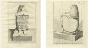 Egyptian Seated Scribe Statue with Hieroglyphs Front and Profile Views, 1776, Paper, Set of 2