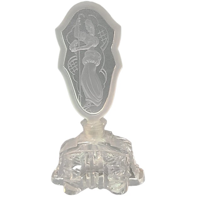 Glass Vintage Art Nouveau Czechoslovakian Crystal Perfume Bottle Figural Etched Top For Sale - Image 7 of 10