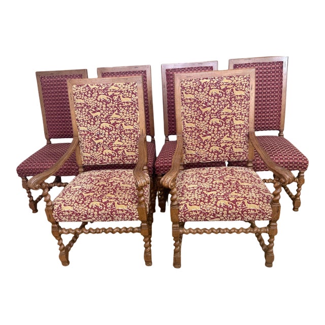Set of 6 Baroque Revival Dining Chairs With Barley Twist Legs, Including 2 Armchairs, Late 19th / Early 20th Century For Sale