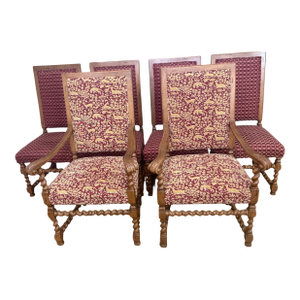 Set of 6 Baroque Revival Dining Chairs With Barley Twist Legs, Including 2 Armchairs, Late 19th / Early 20th Century