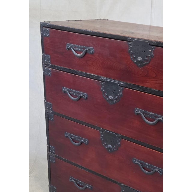 Japanese Antique Early 1900s Meiji Period Japanese Pine/Elm Tansu Chest With Iron Hardware For Sale - Image 3 of 16