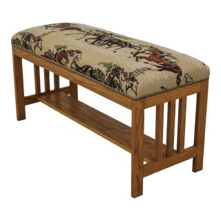 Mission Arts & Crafts Style Oak Bench W. Race Horse Upholstery For Sale