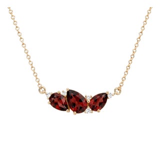 Deep Garnet Pear Shaped Arc Necklace | 18k Gold Plated Three-Stone Cluster Choker | January Birthstone Statement Pendant For Sale