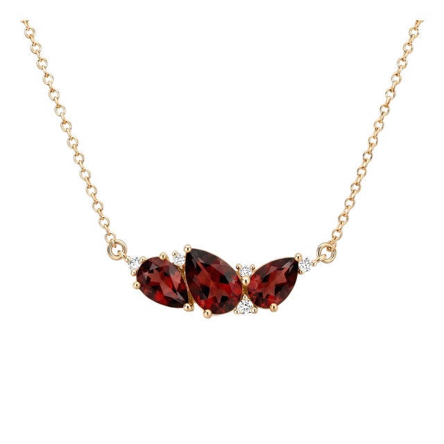 Deep Garnet Pear Shaped Arc Necklace | 18k Gold Plated Three-Stone Cluster Choker | January Birthstone Statement Pendant For Sale