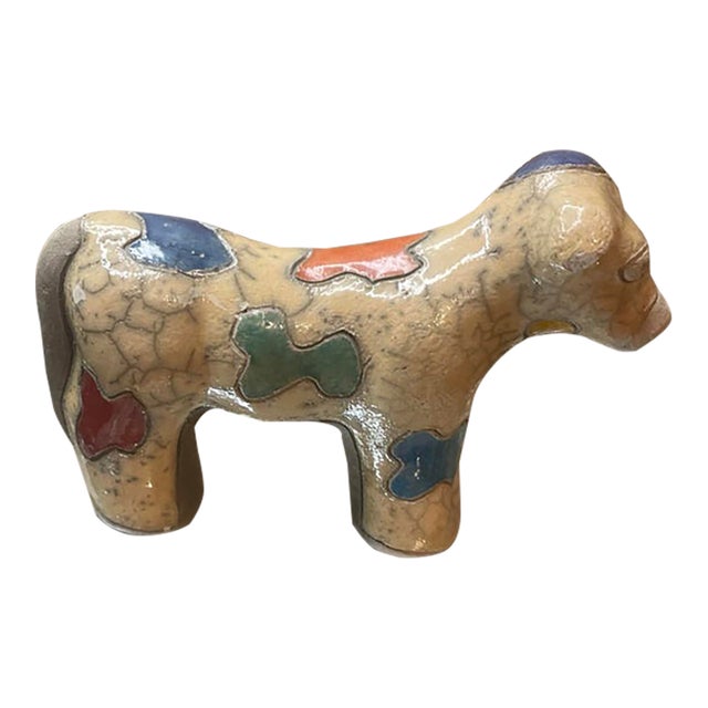 1960s Signed South African Felix Raku 7” Dog Figurine W/ Crackle & Panels For Sale