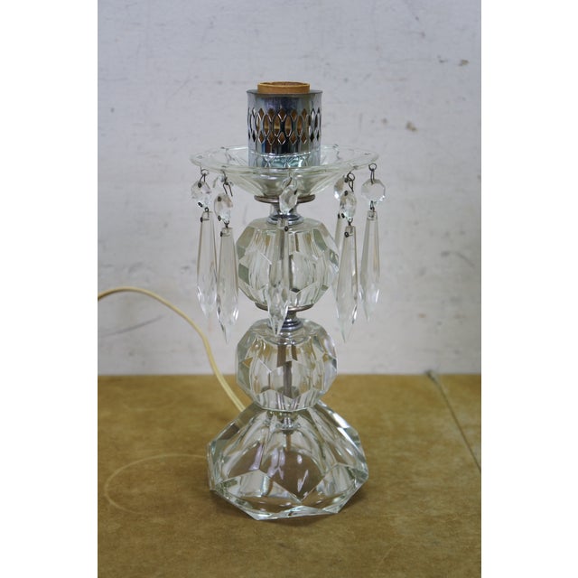 Glass 2 Mid Century Etched Glass Crystal Hurricane Candlestick Boudoir Lamps 20" For Sale - Image 7 of 18