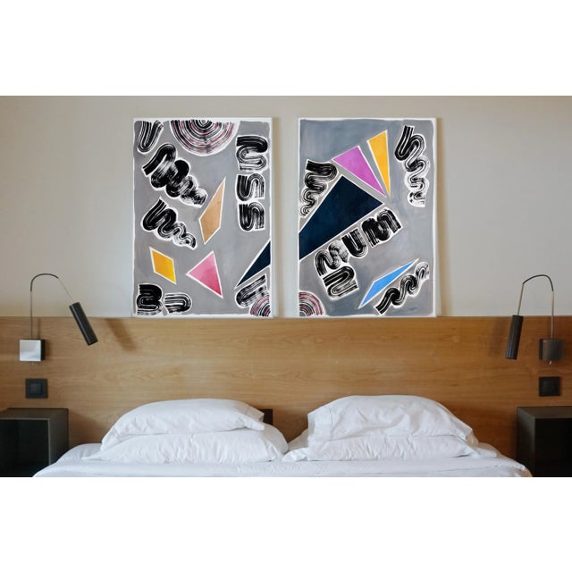 Abstract 2021 "Nineties Triangles and Swirls" Postmodern Style Acrylic Diptych Painting by Natalia Roman - a Pair For Sale - Image 3 of 10