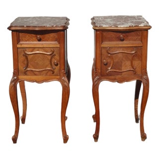 Pair of Antique French Provincial Louis XV Nightstands Side Tables W Marble Top For Sale