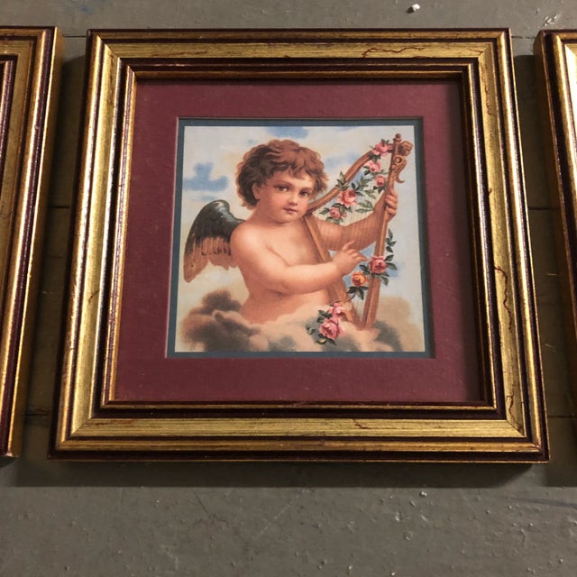 Hollywood Regency Gallery Wall Collection-3 Small Angels Playing Instruments Vintage Framed Prints For Sale - Image 3 of 6