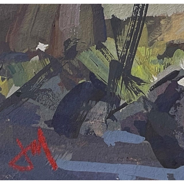 Contemporary Skipper's Orders by Judd Mercer | Gouache Painting of sailors preparing sailboats by the shore For Sale - Image 3 of 3