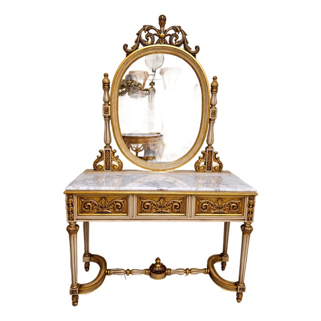 1960s French Louis XVI Entryway Console Table with Oval Mirror Marble Top For Sale