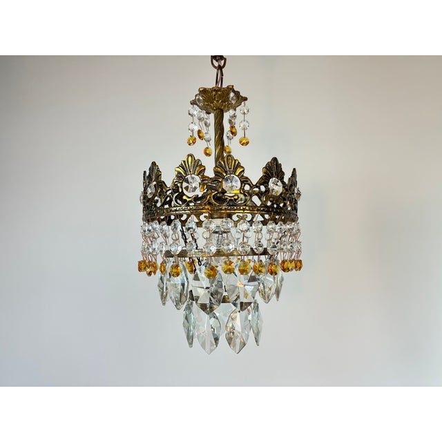 1960s Rare Vintage Brass Crystal Chandelier | 1960s | Amber & Clear Crystal Pendant Light For Sale - Image 5 of 16