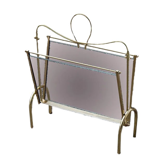 Italian Brass Magazine Rack with Transparent Glass, 1950s For Sale