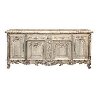 Antique Country French Stripped Walnut Buffet With Thick Siena Marble Top For Sale