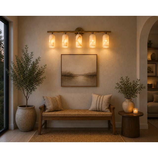 Contemporary Handcrafted Brass 5-Light Vanity Sconce With Natural Alabaster Shades Bathroom Mirror Light, Modern Luxury Wall Lighting For Sale - Image 3 of 8