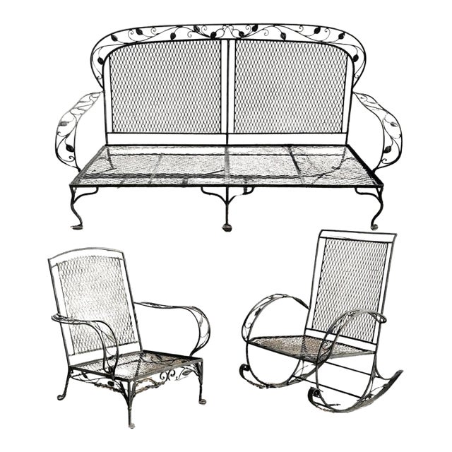 Vintage Salterini Art Nouveau Wrought Iron Garden Patio Sofa Chair Set - 3 PCS For Sale