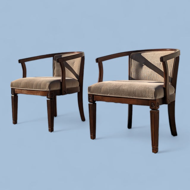 Pair of Vintage Curved Wood and Upholstered Barrel Armchairs For Sale - Image 12 of 14