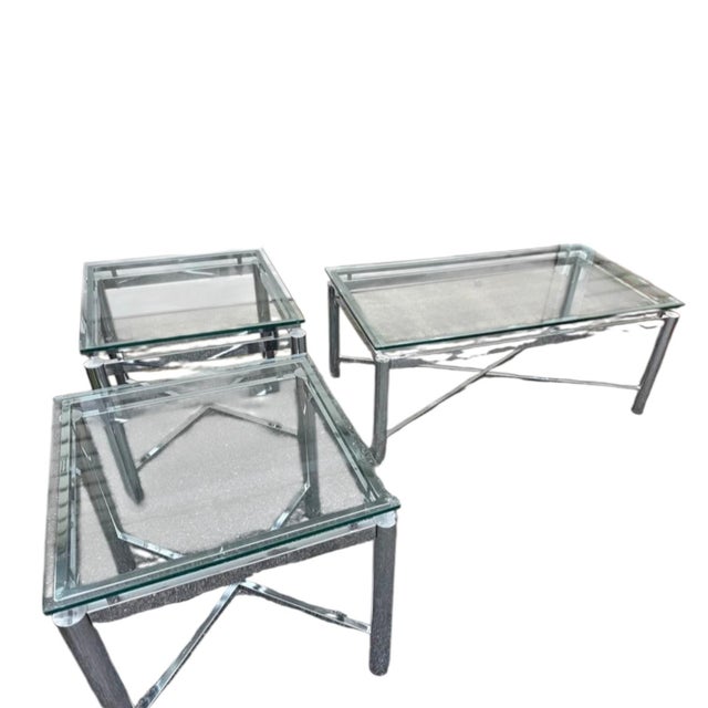 1970s Ultra-Modern 3-Piece Glass and Chrome Coffee Table & Two Matching End Tables. For Sale - Image 4 of 10