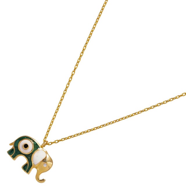Early 21st Century Wishful Elephant & Evil Eye Green Enamel Pendant Gold Chain Necklace For Sale - Image 5 of 8
