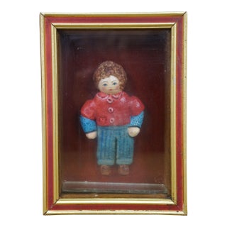 Vintage Folk Art Miniature Shadowbox Composition Boy Doll Figurine 7" For Sale