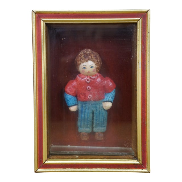 Vintage Folk Art Miniature Shadowbox Composition Boy Doll Figurine 7" For Sale