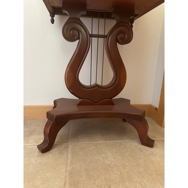 Pair of Vintage Victorian-Style Lyre Harp Base Marble Top Nightstands / Side Tables – Italian Marble, Carved Rose Drawers For Sale - Image 6 of 9