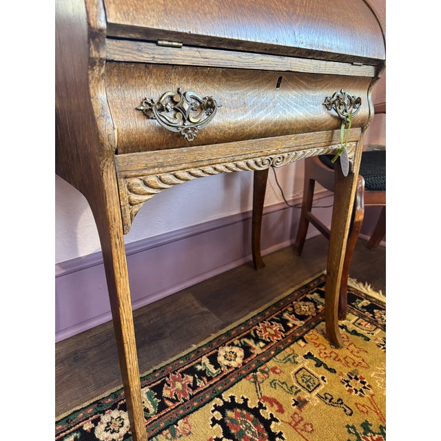 Wood Antique Oak Slant-Front Secretary Writing Desk For Sale - Image 7 of 9