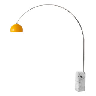 Nova of California Iconic Mustard Half Dome Floor Lamp - 95" Modern Arc Lamp, Satin Nickel Steel, White Marble Base For Sale