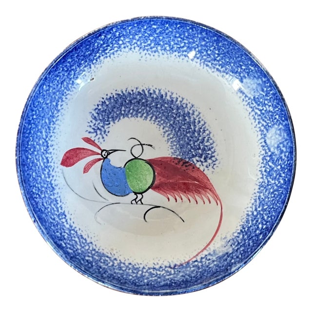 Antique 19th Century Hackwood Peafowl Blue Spatterware Saucer Dish For Sale