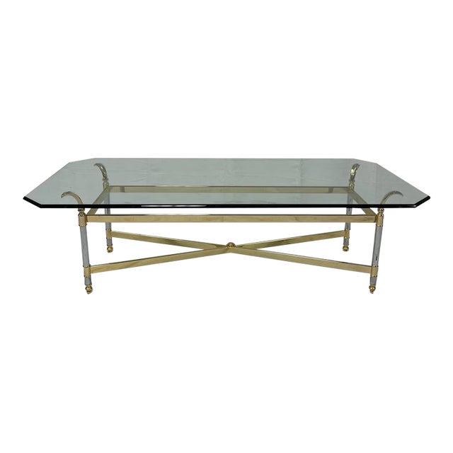 Brass Chrome and Glass French Coffee Table For Sale