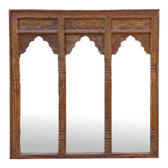 Vintage Mandala Arched Carved Wall Mirror For Sale