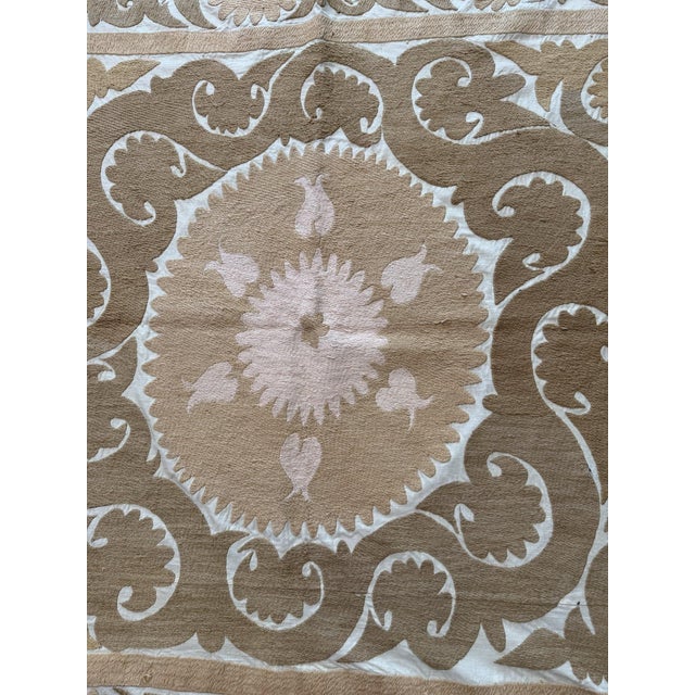 Mid-Century Modern Decorative Neutral Tan Suzani Tribal Textile 4' X 4'9'' For Sale - Image 3 of 18