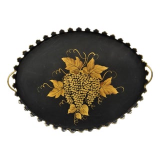 Vintage French Country Black and Gold Hand Painted Oval Toleware Serving Tray For Sale
