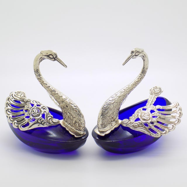 Vintage Italian Sterling Silver 800 Swan Salt Cellars with Cobalt Glass Liners and Spoons, 1970s, Set of 4 For Sale - Image 3 of 13