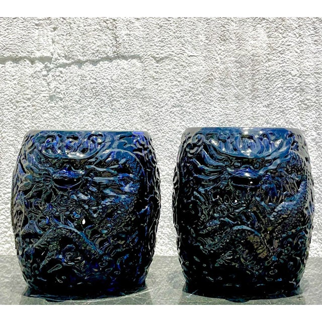 Ink Blue Vintage Boho Glazed Ceramic Dragon Stools - a Pair For Sale - Image 8 of 8