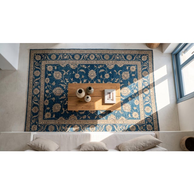 Exceptional Navy and Light Blue Color With Delicate Florid Design Antique Chinese Peking Rug For Sale - Image 13 of 15