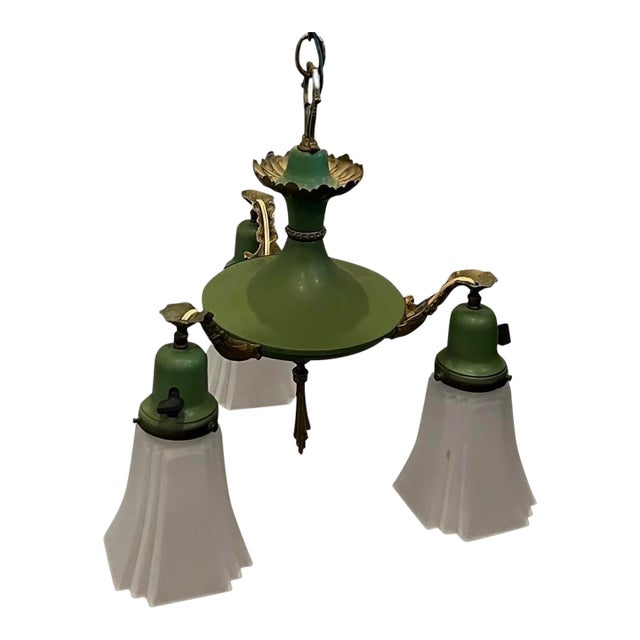 Antique Art Deco Brass Pan 3 Light Chandelier Ceiling Light 1920s Green & Gold For Sale