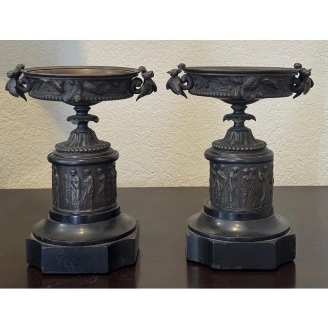 Neoclassical Pair of 19th Century Bronze Neoclassical Tazza Urns on Black Marble Bases For Sale - Image 3 of 8