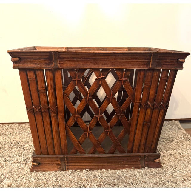 Chinoiserie Vintage Bamboo & Rattan Lattice Magazine Holder With Cutout Handles For Sale - Image 3 of 7