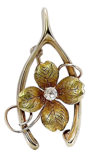 Antique Wishbone & Four Leaf Clover Brooch, 10k