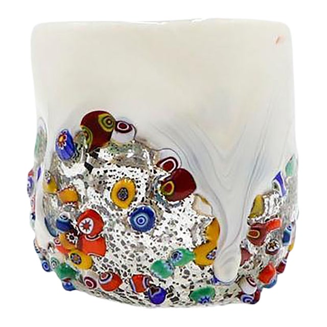 Millefiori Glass Tumbler, Dimpled Crumpled Glass Beaker, White For Sale