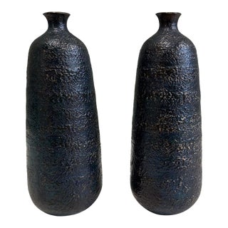 Japanese Craftsman Bronze Vases Black Volcanic Patinated Enamel, Japan 1930 For Sale