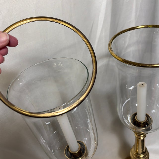 Pair of Vintage Decorative Crafts Brass & Glass Hurricane Candle Holders, 3270 For Sale - Image 4 of 6