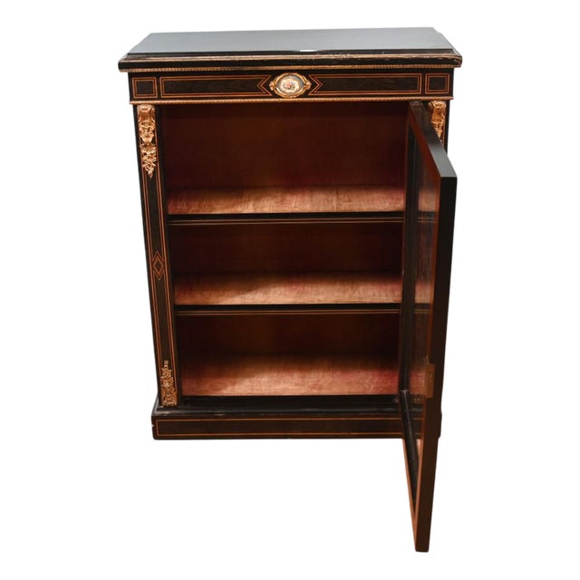 Victorian Ebonised Pier Display Cabinet with Sevres Porcelain Plaques, 1880s For Sale