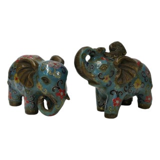 Pair Turquoise Teal Enamel Fortune Fengshui Elephant Metal Figures For Sale