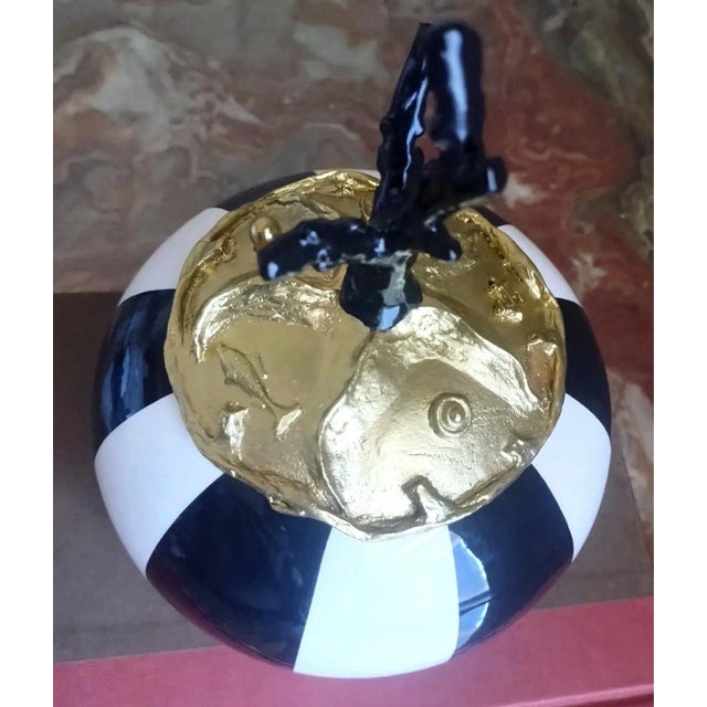 Hermès Black Coral, Hand-Carved Gold-Plate Black & White Striped Ceramic Box France For Sale - Image 4 of 11