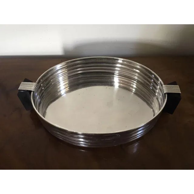 Wood 1920s Art Deco Silver Plate Galleried Oval Tray or Centerpiece Bowl with Exotic Wood Handles For Sale - Image 7 of 11