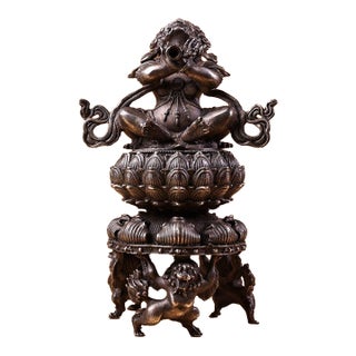 Vintage Tibetan Gilded & Silvered Bronze Vajra Censer, High Relief Carving, Lotus Base With Guardian Supports, Chinoiserie Buddhist Incense Burner For Sale